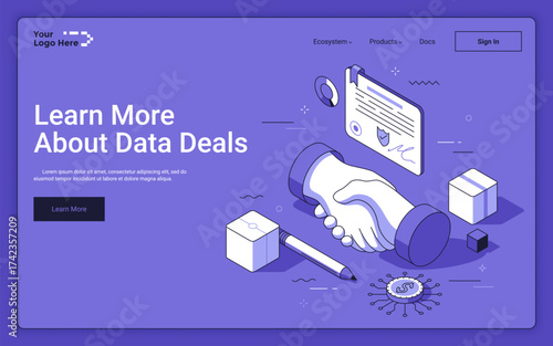 Handshake of business partners with e-document contract on purple background. Data deals landing page isometric template. Digitization of commercial activities 3d vector illustration for web page
