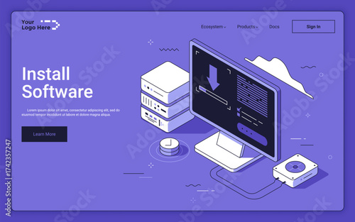 Computer connected to portable hard disk on purple background. Install software landing page isometric template. Integration of new application in system 3d vector illustration for web page