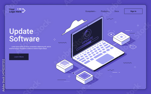 Laptop screen showing progress bar filling on purple background. Update software landing page isometric template. Downloading computer system upgrades 3d vector illustration for web page