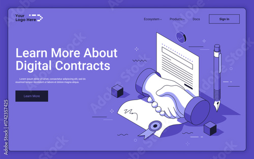Business partners handshake over signed agreement on purple background. Digital contracts landing page isometric template. Making deals online services 3d vector illustration for web page