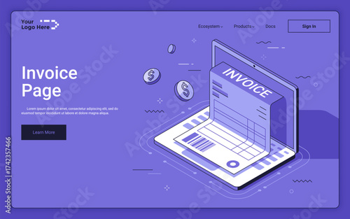 Laptop computer with bill to pay form and flying coins on purple background. Invoice landing page isometric template. Financial papers online control service 3d vector illustration for web page