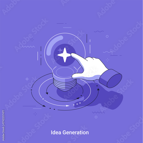 Isometric vector illustration. A hand touching a light bulb with a glowing star inside. Concept of innovation, creative thinking, idea generation for project management.