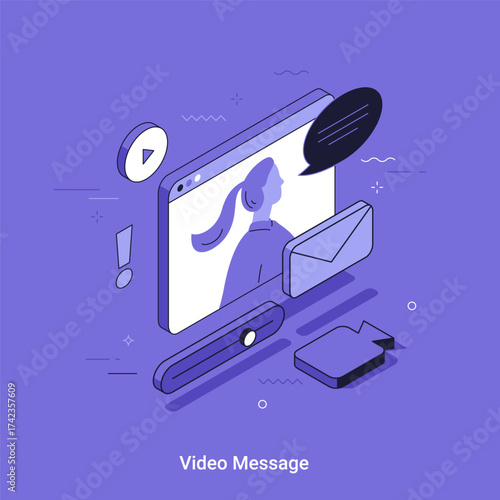 Isometric vector illustration. Online video communication and conferencing concept. Woman in video call shown on computer screen. Remote work meetup.