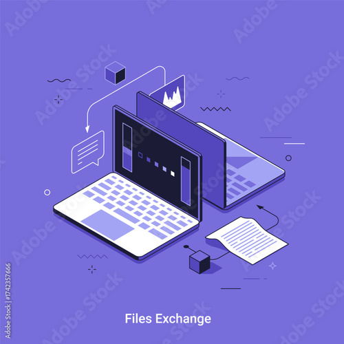 Vector illustration with files exchange between two laptops. Data transfer between electronic devices. Sharing information and cloud computing concept.