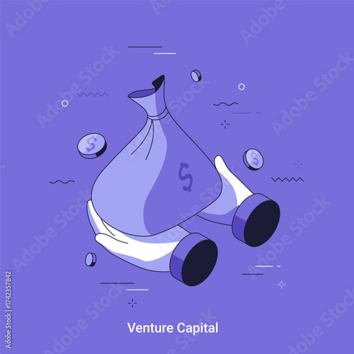 Hands holding a money bag with dollar sign on purple background depicts venture capital concept. Thin line cartoon isometric illustration for startup development.