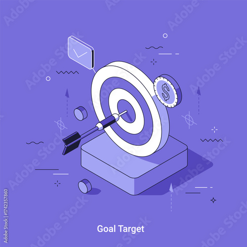 Isometric vector illustration with target board with dart hit in center. Goal achievement, business success and financial growth concept for startup.