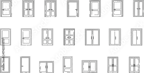 solated a kinds of deferent set of door floor plan top view. Architectural kit of icons for interior project. Door for scheme of apartments. Construction symbol vector art with white background.