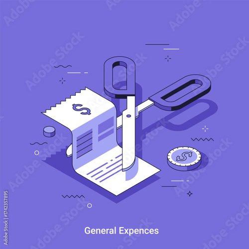 Isometric vector illustration with scissors cutting a long receipt with a dollar sign on it. Concept of cutting general expenses for business finance for web design and presentation