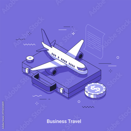 Isometric airplane on briefcase with dollar coin. Corporate transport and global trip concept. Business travel outline cartoon vector illustration for marketing.