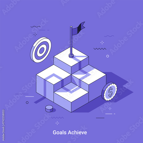 Vector illustration for achievement of financial target as a goal. Cartoon isometric 3d pyramid with flag, dartboard, and dollar coin. Business success, management concept.