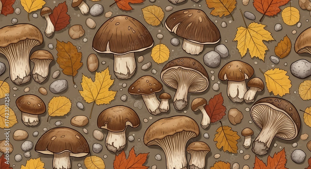 Fototapeta premium Autumnal Feast A Seamless Eco Motif of Mushrooms and Fallen Leaves, Perfect for Designs