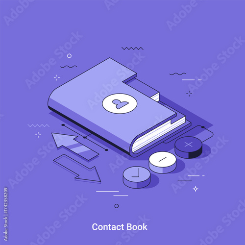 Isometric vector illustration with contact book for business communication. Modern address book with interface elements for networking and client management.