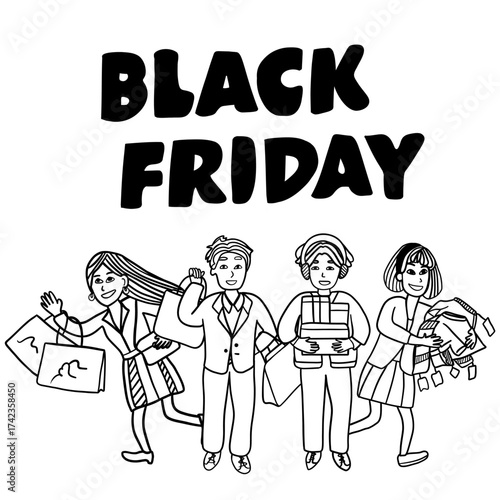 black friday sale shopping vector with adorable human cartoon flat design showing retail consumer crowd and festive bargain