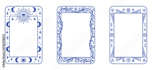 Three stylized tarot cards with intricate borders featuring celestial, floral, and alchemical designs