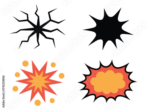 Comic style explosion and impact vector graphics with burst effects, cracks, bullet damage, and fire blasts for creative artwork use