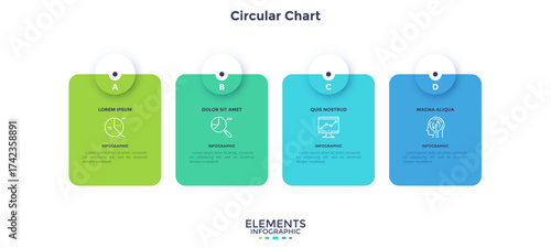 Business infographic of rectangular 4 step process presenting statistical diagrams, percentage analysis, human resource and artificial intelligence for presentation. Vector Illustration