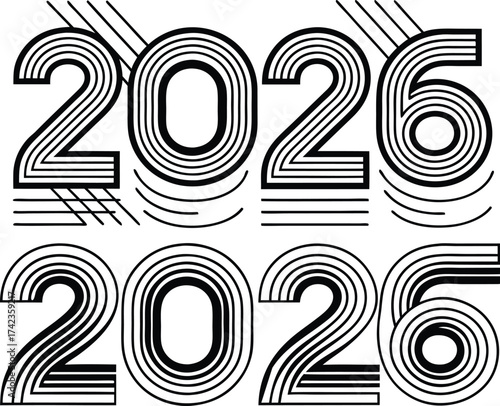 Bold graphic representation of the years 2026 and 2025 displayed in a stylized layered font with abstract lines and circular elements