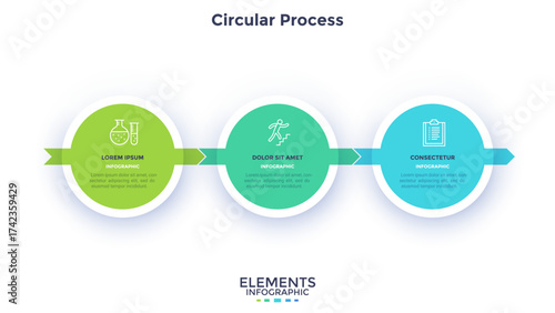 Three round elements placed in horizontal row and connected by arrows. Concept of 3 successive stages of business career development. Modern flat vector illustration for data analysis, presentation.