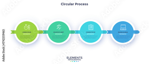 Four round elements placed in horizontal row and connected by arrows. Concept of 4 successive stages of business career development. Modern flat vector illustration for data analysis, presentation.