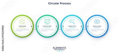 Four colorful circular elements placed in horizontal row and connected by lines. Concept of 4 successive steps of business strategy. Simple infographic design template. Flat vector illustration.