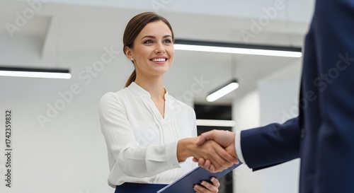 Successful businesswoman warmly shaking hands, sealing a deal in a bright, modern office, signaling partnership and agreement with a smile