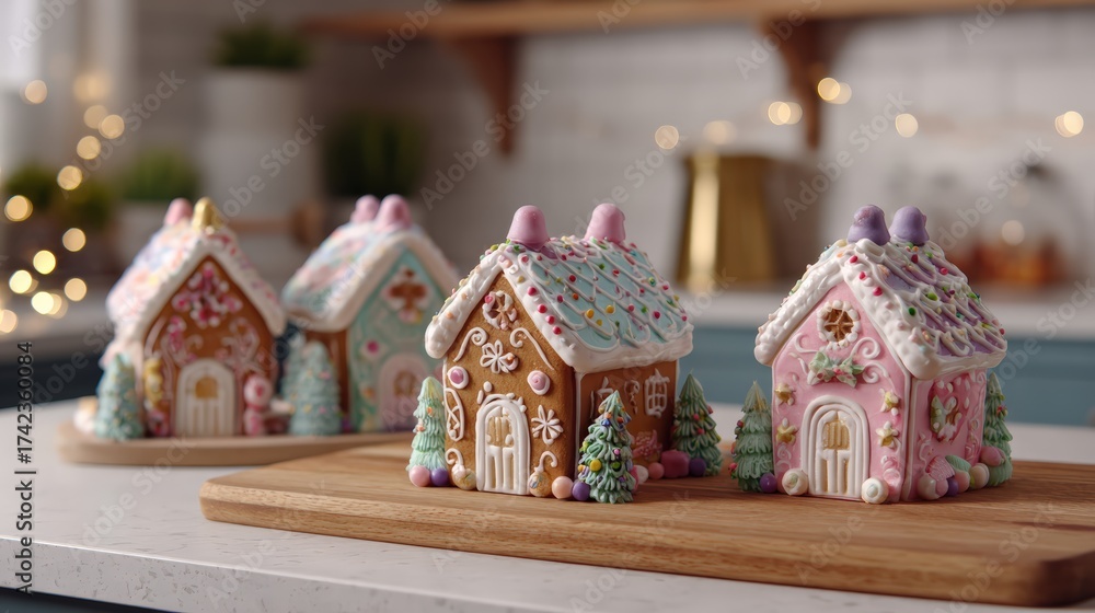 Fototapeta premium Colorful gingerbread houses decorated with icing and candy on a wooden board