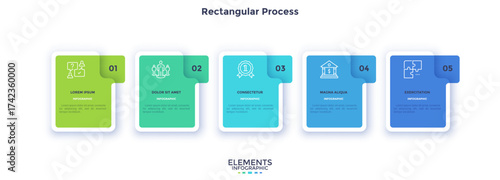 Business model with 5 rectangular frames placed in horizontal row. Concept of five features of startup project. Simple infographic design template. Modern flat vector illustration for presentation.