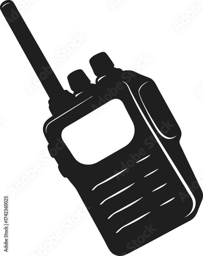 A black and white illustration of a walkie-talkie against a clean background. The walkie-talkie's antenna is pointing up. The design is modern and minimalist