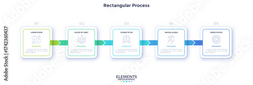 Progress bar with five colorful arrows and paper white square elements placed in horizontal row. Concept of 5 steps to project completion. Simple infographic design template. Vector illustration.