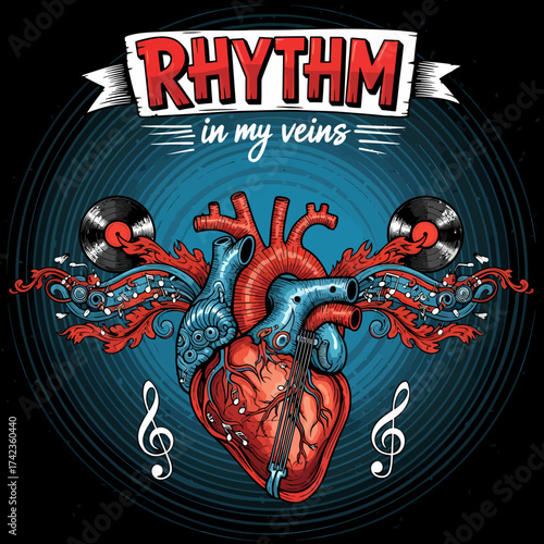 Creative illustration of human heart rhythm with musical vinyl records