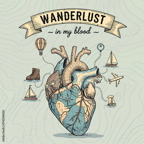 Illustration human heart with map texture and travel related icons concept