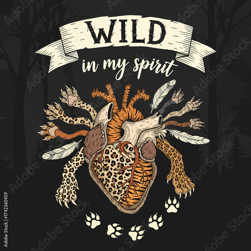 Hand-drawn heart adorned with animalistic elements amidst forest illustration