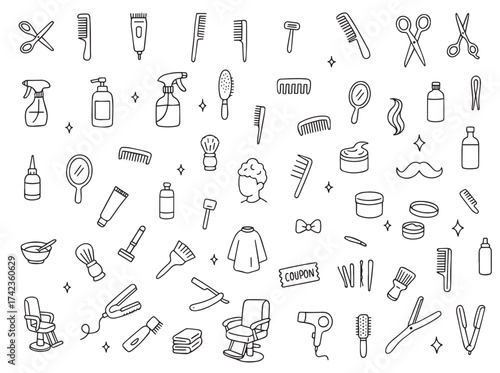 A set of hairdressing tools for styling hair and creating popular haircuts. Scissors, hair dryer, hairpins, combs, and a barber chair in a doodle style. Hand-drawn vector illustration.