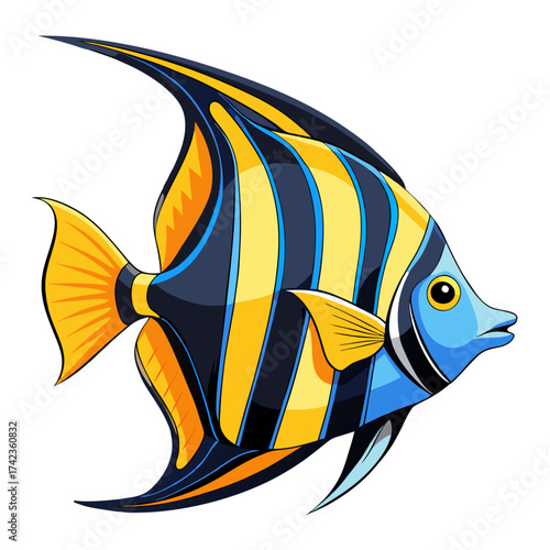 Illustration of a colorful moorish idol fish with yellow and black stripes, a tropical marine animal
