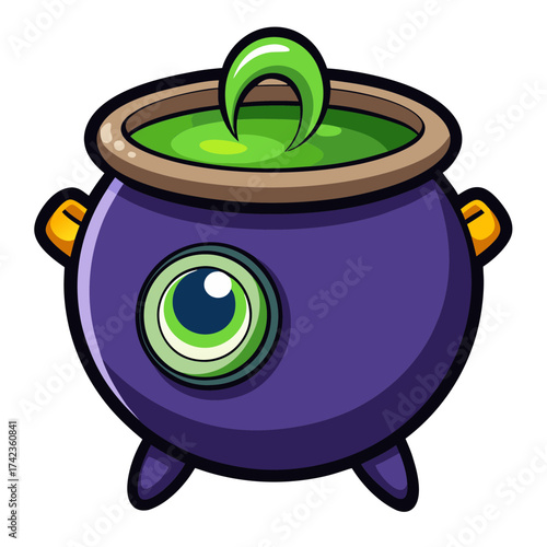 Illustration of a cartoon witch cauldron, a pot used for brewing potions and spells in magic