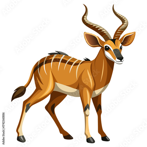 Vector art of cartoon illustration of a bongo antelope with brown and white stripes, standing gracefully in a side view