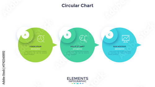 Flowchart with 3 round elements placed in horizontal row and connected by pointers. Concept of three stages of business project. Flat infographic design template. Modern simple vector illustration.