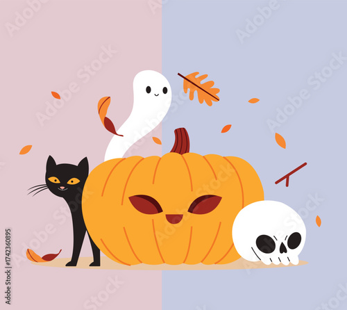 Cute Halloween Illustration with Pumpkin, Ghost, Black Cat, and Skull