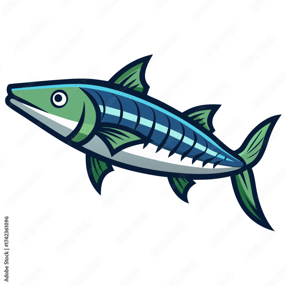 Fototapeta premium Illustration of a cartoon barracuda fish with blue and green scales, a predatory marine animal in a simple style