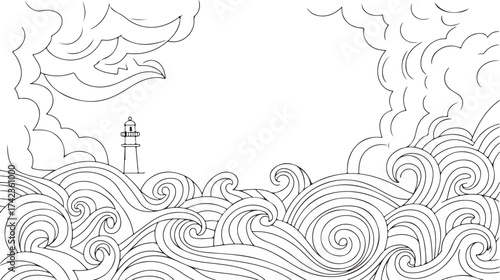 Stylized black and white illustration of a solitary lighthouse standing tall amidst swirling ocean waves and dramatic cloudy skies