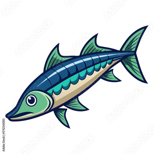 Illustration of a barracuda fish with blue and green scales, a predatory marine animal found in tropical waters
