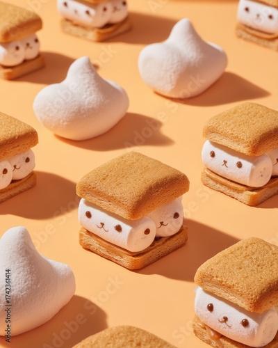 Smores and Marshmallows with Faces on Orange Background