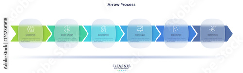 Progress bar with 6 arrows behind translucent circular elements placed in horizontal row. Concept of six steps to business success. Minimal infographic design template. Flat vector illustration.