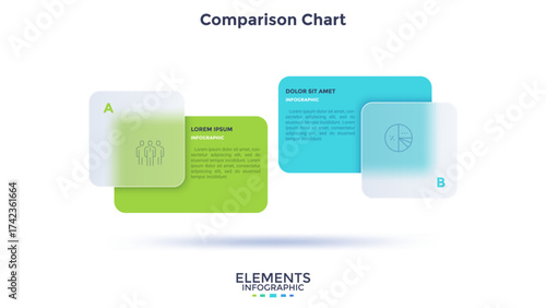 Rectangular comparison diagram divided into 2 parts. Concept of business model with two options to choose or select. Modern glass infographic vector illustration for data visualization, presentation.