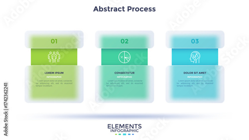 Progress bar with 3 frames behind translucent rectangular elements placed in horizontal row. Concept of three steps to business success. Minimal infographic design template. Flat vector illustration.