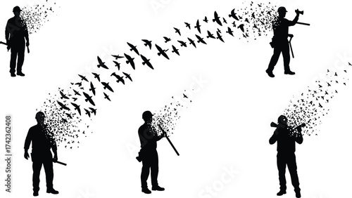 Armed silhouettes dissolving into birds, transformation concept, peace from violence, symbolic freedom, conflict resolution, vector illustration