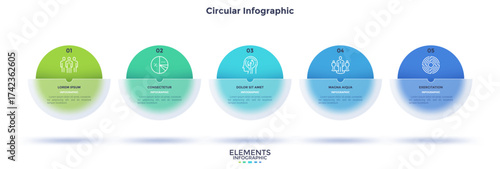 Business model with five colorful circles placed in horizontal row. Concept of 5 stages of startup development. Modern infographic design template. Glassmorphism vector illustration for report.
