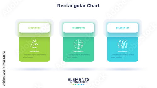 Timeline with 3 cards placed in horizontal row. Concept of three stages of business project development. Minimal infographic design template. Modern flat vector illustration for presentation.