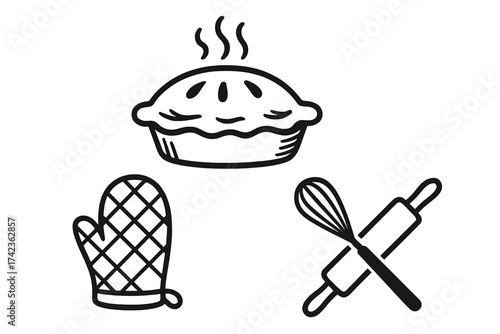Baking icon set vector illustration. Hand drawn doodle line art collection. Hot fresh pie, oven mitt, whisk, rolling pin. Kitchen utensils for cooking, pastry, dessert recipe.