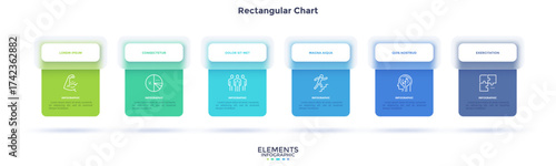 Timeline with 6 cards placed in horizontal row. Concept of six stages of business project development. Minimal infographic design template. Modern flat vector illustration for presentation.
